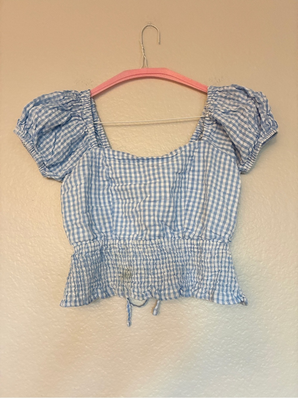 Sim & Sam 100% Cotton Blue Gingham Puff-Sleeve Lace-up Back Crop Top Y2K Cottage